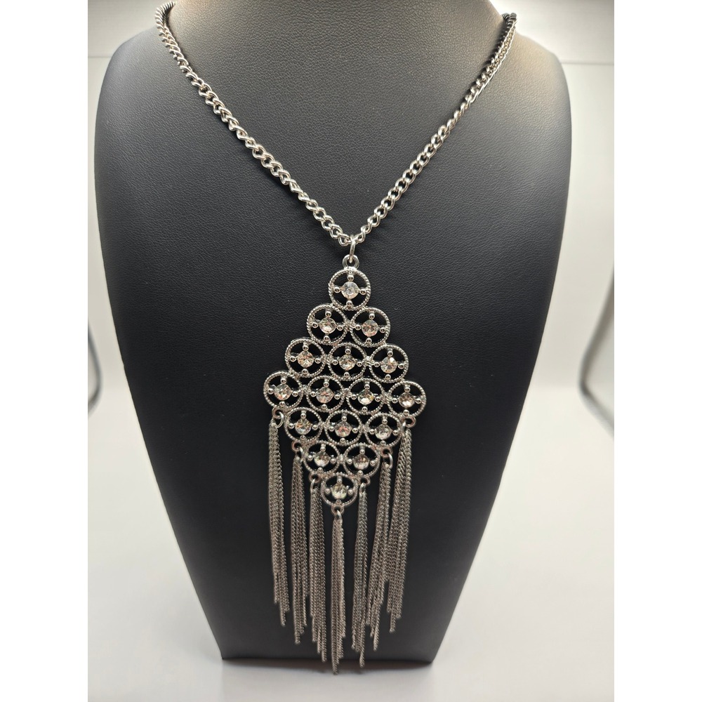 Silver Tone Rhinestone Geometric Tassel Fringe Statement Long Pendant Necklace